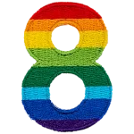 This patch is the number 8 in a bold font. It is coloured by descending rainbow stripes.