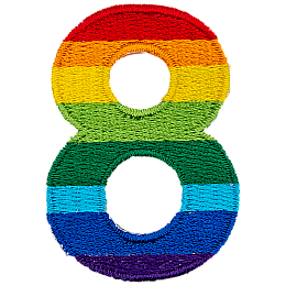 This patch is the number 8 in a bold font. It is coloured by descending rainbow stripes.