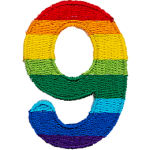 This patch is the number 9 in a bold font. It is coloured by descending rainbow stripes.