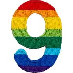 This patch is the number 9 in a bold font. It is coloured by descending rainbow stripes.
