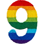 This patch is the number 9 in a bold font. It is coloured by descending rainbow stripes.