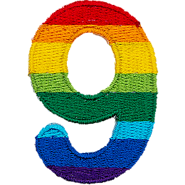 This patch is the number 9 in a bold font. It is coloured by descending rainbow stripes.