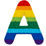 This patch is the letter A in bold font. It is coloured by descending rainbow stripes.