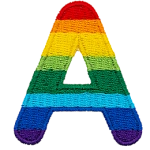 This patch is the letter A in bold font. It is coloured by descending rainbow stripes.