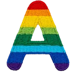 This patch is the letter A in bold font. It is coloured by descending rainbow stripes.