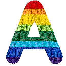 This patch is the letter A in bold font. It is coloured by descending rainbow stripes.