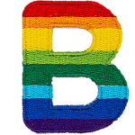 This patch is the letter B in bold font. It is coloured by descending rainbow stripes.