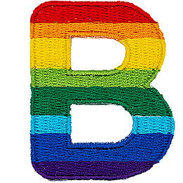 This patch is the letter B in bold font. It is coloured by descending rainbow stripes.