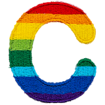 This patch is the letter C in bold font. It is coloured by descending rainbow stripes.