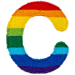 This patch is the letter C in bold font. It is coloured by descending rainbow stripes.
