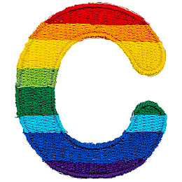 This patch is the letter C in bold font. It is coloured by descending rainbow stripes.