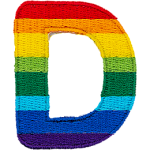 This patch is the letter D in bold font. It is coloured by descending rainbow stripes.