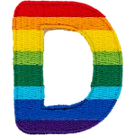 This patch is the letter D in bold font. It is coloured by descending rainbow stripes.