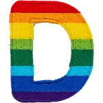 This patch is the letter D in bold font. It is coloured by descending rainbow stripes.