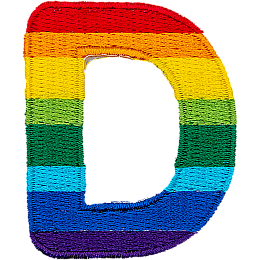 This patch is the letter D in bold font. It is coloured by descending rainbow stripes.