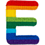 This patch is the letter E in bold font. It is coloured by descending rainbow stripes.