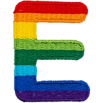 This patch is the letter E in bold font. It is coloured by descending rainbow stripes.