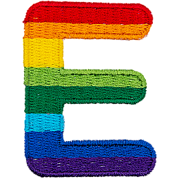 This patch is the letter E in bold font. It is coloured by descending rainbow stripes.