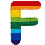 This patch is the letter F in bold font. It is coloured by descending rainbow stripes.