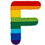 This patch is the letter F in bold font. It is coloured by descending rainbow stripes.