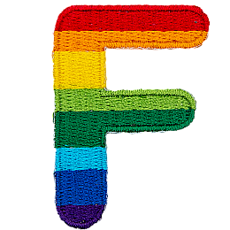 This patch is the letter F in bold font. It is coloured by descending rainbow stripes.