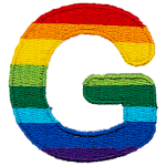 This patch is the letter G in bold font. It is coloured by descending rainbow stripes.