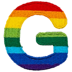 This patch is the letter G in bold font. It is coloured by descending rainbow stripes.