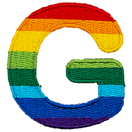 This patch is the letter G in bold font. It is coloured by descending rainbow stripes.