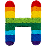 This patch is the letter H in bold font. It is coloured by descending rainbow stripes.