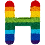 This patch is the letter H in bold font. It is coloured by descending rainbow stripes.