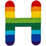 This patch is the letter H in bold font. It is coloured by descending rainbow stripes.