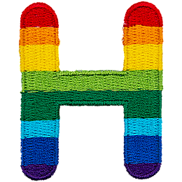 This patch is the letter H in bold font. It is coloured by descending rainbow stripes.