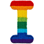 This patch is the letter I in bold font. It is coloured by descending rainbow stripes.