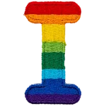This patch is the letter I in bold font. It is coloured by descending rainbow stripes.