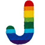 This patch is the letter J in bold font. It is coloured by descending rainbow stripes.