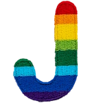 This patch is the letter J in bold font. It is coloured by descending rainbow stripes.