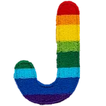 This patch is the letter J in bold font. It is coloured by descending rainbow stripes.