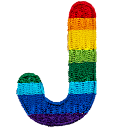 This patch is the letter J in bold font. It is coloured by descending rainbow stripes.