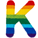 This patch is the letter K in bold font. It is coloured by descending rainbow stripes.