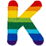 This patch is the letter K in bold font. It is coloured by descending rainbow stripes.