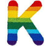 This patch is the letter K in bold font. It is coloured by descending rainbow stripes.