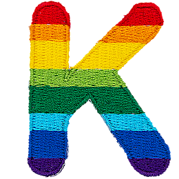 This patch is the letter K in bold font. It is coloured by descending rainbow stripes.