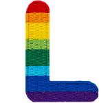 This patch is the letter L in bold font. It is coloured by descending rainbow stripes.