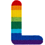 This patch is the letter L in bold font. It is coloured by descending rainbow stripes.