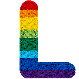 This patch is the letter L in bold font. It is coloured by descending rainbow stripes.