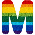 This patch is the letter M in bold font. It is coloured by descending rainbow stripes.
