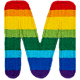 This patch is the letter M in bold font. It is coloured by descending rainbow stripes.