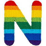 This patch is the letter N in bold font. It is coloured by descending rainbow stripes.