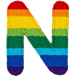 This patch is the letter N in bold font. It is coloured by descending rainbow stripes.