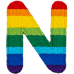 This patch is the letter N in bold font. It is coloured by descending rainbow stripes.